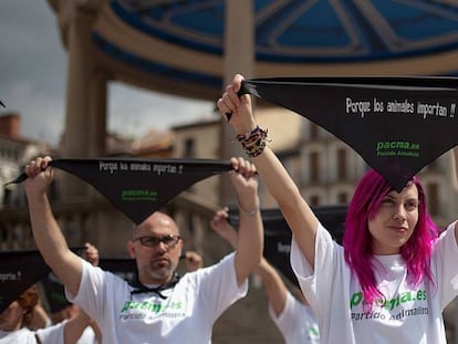 Un grupo de activistas protesta contra los encierros de San Ferm&iacute;n, en Pamplona.