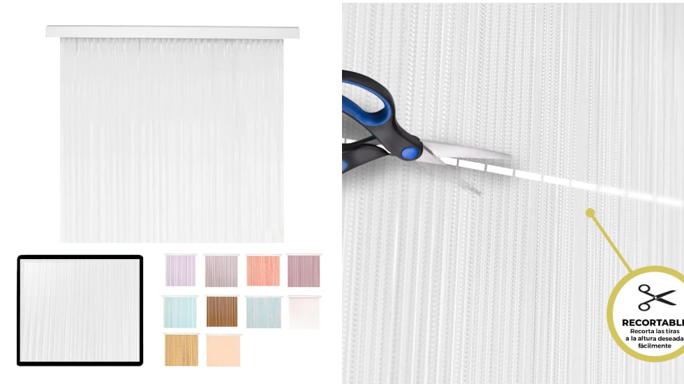 Esta cortina de tiras tupida se vende en múltiples colores.