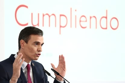 Pedro Sánchez durante la rueda de prensa para presentar el primer informe de rendición de cuentas del Gobierno.