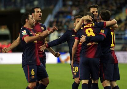 Los jugadores del Barcelona celebran el 0 a 1.