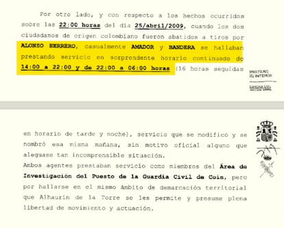 Extracto de informe del Servicio de Asuntos Internos (SAI) de la Guardia Civil en el que consta que los guardias investigados cambiaron y ampliaron su horario el día de los hechos sin motivación oficial.