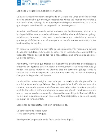 Carta remitida por la Xunta de Galicia.