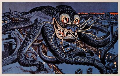 Viñeta antimonopolística de 1889 titulada 'The Menace of the Hour'.