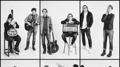 Montaje de fotos con los miembros de Wilco, con Jeff Tweedy (con gorro) arriba a la izquierda y abajo a la derecha.
