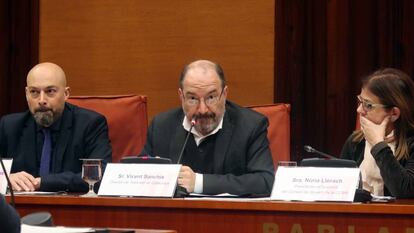 Sanchis (centre), al Parlament, aquest divendres.