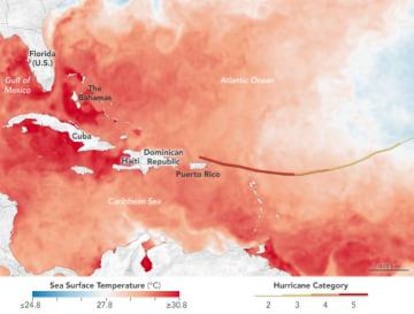 Temperatura de la superficie del agua del mar que Irma tiene en su trayectoria