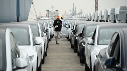 Tesla's new Model 3 sedans wait to be shipped on March 14, 2024 in Shanghai, China.