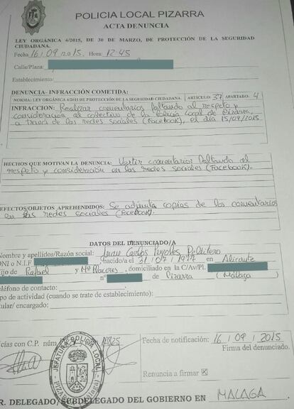 A copy of the police complaint, given to Verne by Juan Carlos Puyoles.