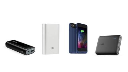 De izquierda a derecha, los cuatro modelos probados: Candy Bar de Anker, Mi Powerbank 10.000 de Xiaomi, la funda batería de Mophie y Power Core + de Anker.