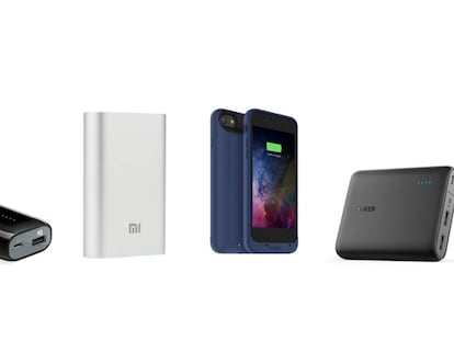 De izquierda a derecha, los cuatro modelos probados: Candy Bar de Anker, Mi Powerbank 10.000 de Xiaomi, la funda batería de Mophie y Power Core + de Anker.