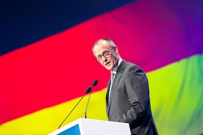 El presidente del CDU alemán, Friederich Merz, durante su intervención en el Congreso Popular Europeo de Valencia, el 29 de abril. 