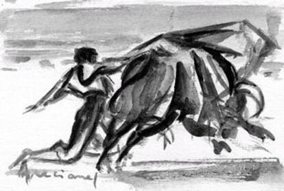 Último dibujo de una faena taurina publicado en EL PAÍS, el 15 de julio de 2001, última corrida de la Feria de San Fermín de Pamplona.