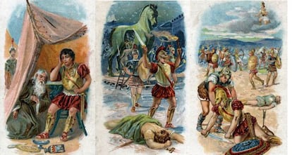 Cromolitografías de 1890 sobre varias escenas de la guerra de Troya, tanto las relatadas por Homero como las basadas en relatos legendarios.