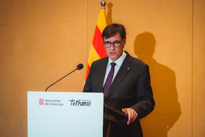 El 'president' de la Generalitat, Salvador Illa, durante una rueda de prensa en Shanghái (China), este viernes.