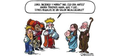 De @ferranmartin, esta viñeta le da un toque humorístico a las subidas de precios y la situación económica en España. Una felicitación original con los Reyes Magos como protagonistas.