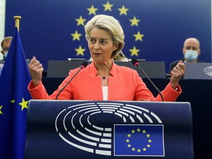 Ursula von der Leyen durante su discurso en el debate sobre el estado de la Unión en Estrasburgo.