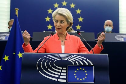 Ursula von der Leyen durante su discurso en el debate sobre el estado de la Unión en Estrasburgo.