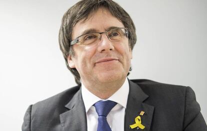 Former Catalan leader, Carles Puigdemont, attends a a meeting with members of the Junts per Catalunya party, in a hotel in Berlin, Saturday, April 5, 2018. (Christophe Gateau/dpa via AP)