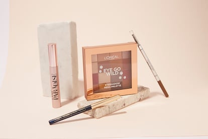 Los imprescindibles para una mirada de impacto: eyeliner Le Line Signature, máscara Lash Paradise, paleta de sombras mate y brillante Eye Go Wild y lápiz de cejas Skinny Definer. Todo, de L’Oréal Paris.