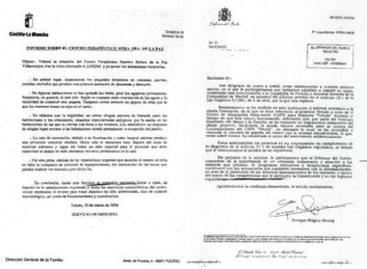 A la izquierda, informe del Servicio de Menores de Castilla-La Mancha emitido en marzo de 2006 en el que ve irregularidades en el centro Nuestra Señora de la Paz de Villaconejos (Cuenca). A la derecha, el Defensor del Pueblo hace mención, en 2007, a un informe de la Consejería de Familia de Madrid sobre el centro Tetuán.