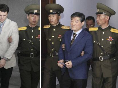 Imagem de arquivo de dois norte-americanos presos pelo regime de Pyongyang: Otto Warmbier e Kim Dong-chul. Um terceiro cidadão, Kim Sang-duk, foi detido neste mês de abril.