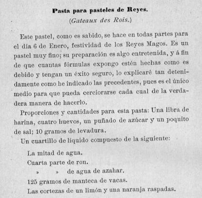 Receta de pastel de Reyes o roscón publicada en El Arte Culinario, ca.1900