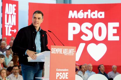 Pedro Sánchez, este sábado en un mitin del PSOE en Mérida (Badajoz).