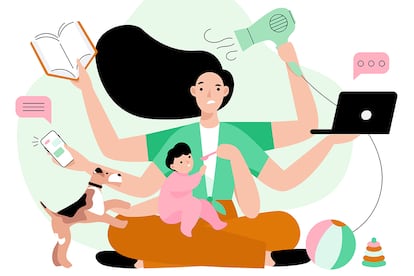 Busy mother doing a lot of work at home. Stressed mom with six hands keeping laptop, book, phone, hairdryer and feeding her child.