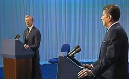 Jimmy Carter and Ronald Reagan, at an election debate in Cleveland, Ohio, on October 28, 1980. 