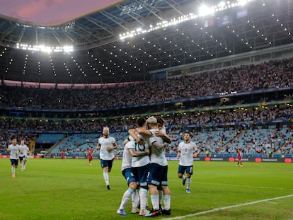 Seleção da Argentina celebra gol na Copa América de 2019, disputada no Brasil.