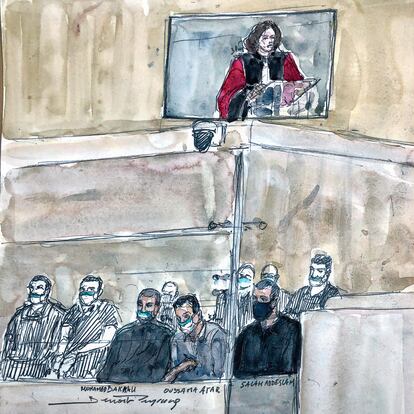 This court sketch made on June 10, 2022, shows state prosecutor Camille Hennetier (up) on a screen, defendants Mohamed Bakkali (L), Oussama Atar (C) and prime suspect Salah Abdeslam (R), on the third and last day of the prosecution's closing arguments during the trial of the November 2015 attacks that saw 130 people killed at the Stade de France in Saint-Denis, bars, restaurants and the Bataclan concert hall in Paris, at Paris' special Assize Court, set up in a temporary courtroom at the Palais de Justice courthouse in Paris. - Prosecutors in the Paris attacks trial on June 10 recommended a life sentence without parole for the main suspect in the November 2015 jihadist attacks that killed 130 in France's worst-ever terror assault. Salah Abdeslam is the only surviving member of the attackers who opened fire in the packed Bataclan concert hall and on cafe terraces in adjacent streets, and detonated suicide bombs at the Stade de France sports arena. (Photo by Benoit PEYRUCQ / AFP) / ----IMAGE RESTRICTED TO EDITORIAL USE - STRICTLY NO COMMERCIAL USE-----