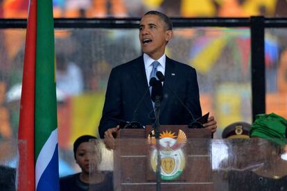 El presidente estadounidense durante el discurso en homenaje a Nelson Mandela en el Soccer City Stadium. en Johanesburgo.