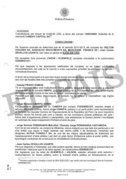 Informe de la Policía de Andorra sobre los presuntos sobornos de Odebrecht a altos funcionarios de Perú.