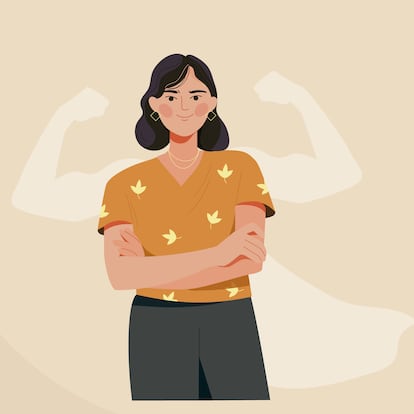 Strong woman concept. Confident, happy female character with shadow showing off her biceps. Metaphor for feminism and independence. Cartoon flat vector illustration isolated on beige background