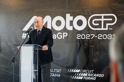 Carmelo Ezpeleta, presentando el circuito de Valencia 2027-2031. Imagen cedida por Dorna Sports.