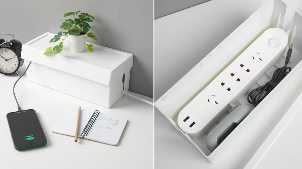 Una caja para organizar los cables en el escritorio. IKEA.