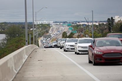 Heavy traffic begins to back up on Interstate 275 South as residents evacuate St. Petersburg, Florida, ahead of Hurricane Milton.