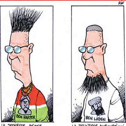 "La juventud de antes. La juventud de ahora", reza el texto al pie del dibujo publicado ayer en portada por el diario<i> L'Economiste</i> para ilustrar el sondeo.