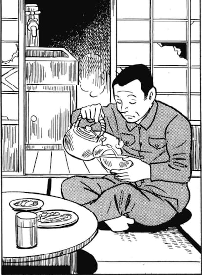 Viñeta de <i>La vida errantre,</i> en la que Yoshihiro Tatsumi se dibuja a sí mismo.