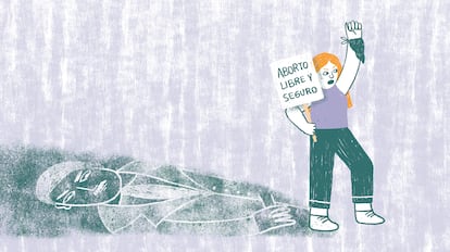 In this illustration, a woman holds a sign that reads: "Safe and legal abortion."