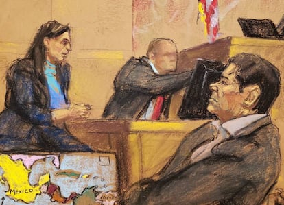 Un dibujo donde aparece Guzmán Loera durante la audiencia.