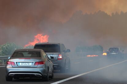 El humo del incendio forestal ha causado el corte de la autopista A1 en Leiria, Portugal, este lunes.
