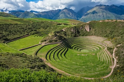 Terrazas en anillo de las ruinas arqueológicas de Moray, centro de experimentación agrícola de los incas. 