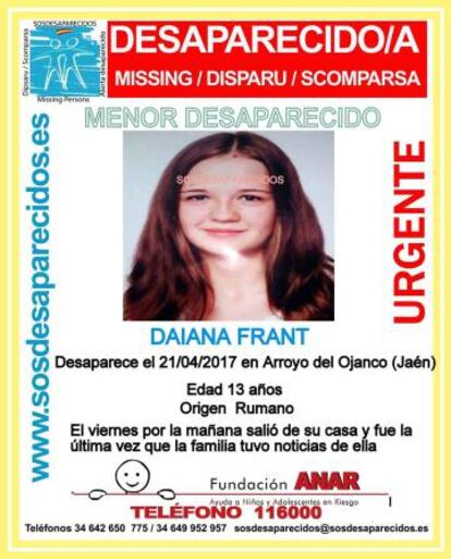 Cartel de SOS Desaparecidos con la imagen de la menor.