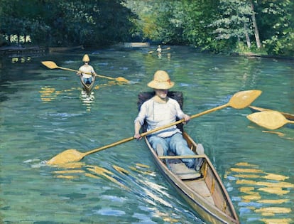 La obra 'Piraguas en el río Yerres' de 1877, forma parte de la exposición 'Caillebotte, pintor y jardinero' del Museo Thyssen-Bornemisza.