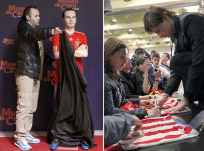 Iniesta descubre su réplica en el Museo de Cera de Madrid y Torres firma autógrafos en el polideportivo de Fuenlabrada.