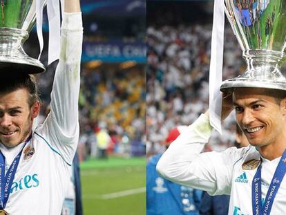 Gareth Bale y Cristiano Ronaldo posan con la decimotercera Copa de Europa, conseguida el sábado en Kiev (Ucrania).