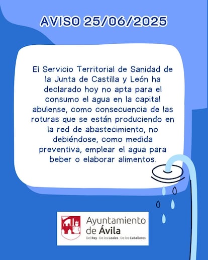 Aviso publicado por el Ayuntamiento de Ávila para informar de que el agua no es apta para consumo.