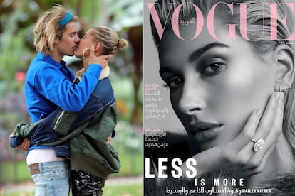 La pareja capturada por los paparazzis y Hailey Baldwin posando para Vogue Arabia.