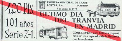 A ticket for the last day trams ran in Madrid.